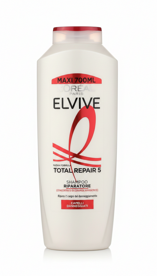 L'Oréal Paris Elvive Total Repair 5 shampoo 700ml in formato maxi, flacone bianco e oro, trattamento riparatore per capelli danneggiati con pro-cheratina e ceramide, formulato per rinforzare la fibra capillare, levigare la cuticola e migliorare luminosità, morbidezza e resistenza dei capelli sfibrati.