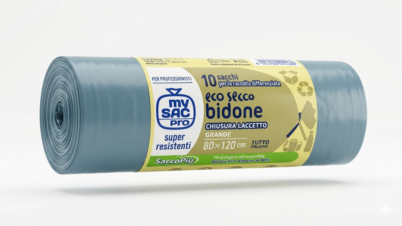 My Sac Bidone Maxi Sacchi Pattumiera 80x120 cm | 10 Pezzi | Super Resistenti con Chiusura a Laccetto | Trasparente per Raccolta Differenziata | 95% Plastica Riciclata