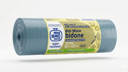 My Sac Bidone Maxi Sacchi Pattumiera 80x120 cm | 10 Pezzi | Super Resistenti con Chiusura a Laccetto | Trasparente per Raccolta Differenziata | 95% Plastica Riciclata