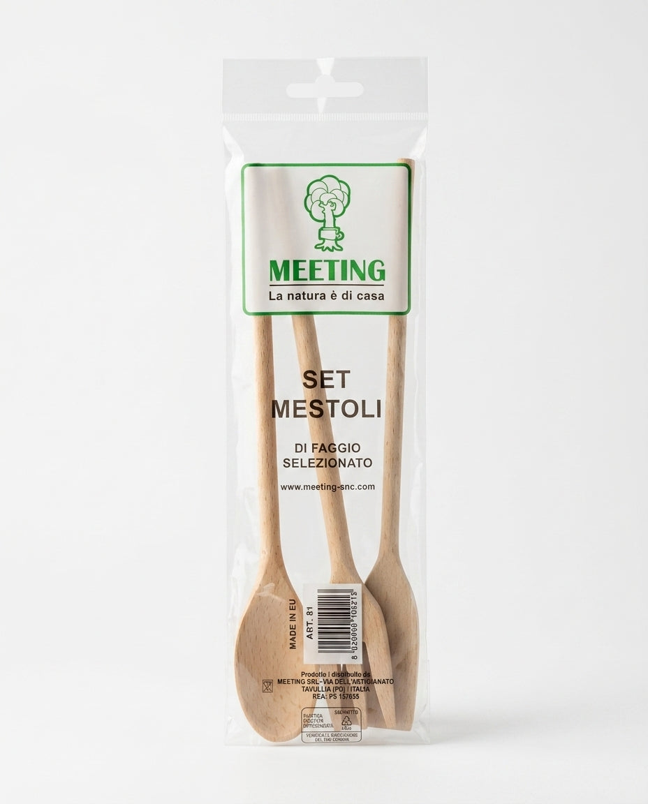 MEETING Set 3 Mestoli in Legno di Faggio Art. 81, composto da cucchiai e spatola da cucina, ideale per utilizzare e mescolare alimenti in pentole antiaderenti, Made in EU.