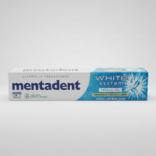 Mentadent White System Crystal Gel 75ml – Gel Dentifricio Sbiancante Delicato – Pulizia Profonda e Freschezza Prolungata – Smalto Sicuro