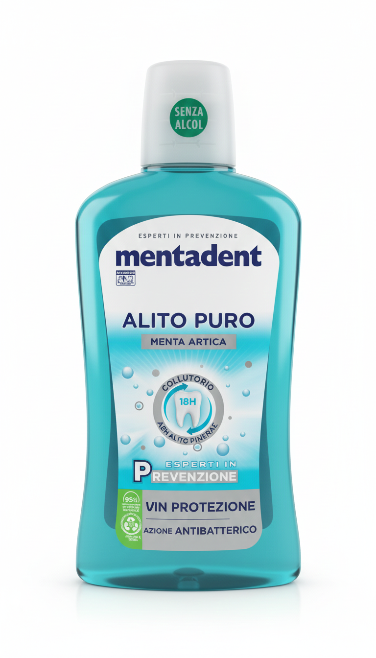 Mentadent Collutorio Alito Puro 500 ml | Protezione Antibatterica 18H | Formula Zinc Mineral Senza Alcol | Gusto Menta Artica