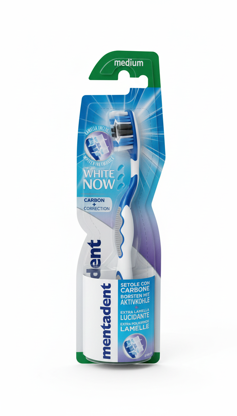 Mentadent White Now Carbon Correct Spazzolino Medio | Setole al Carbone Attivo e Lamella Lucidante con Perlite | Azione Sbiancante Professionale