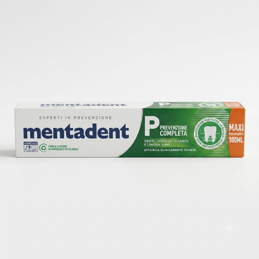 Mentadent P Prevenzione Completa 100 ml, dentifricio con zinco antibatterico ad azione antiplacca 2X, offre 8 azioni per la protezione di denti, gengive, lingua e guance, contribuendo a contrastare la placca, mantenere il cavo orale sano e garantire un alito fresco ogni giorno.