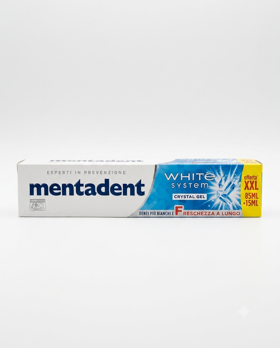 Mentadent White System Crystal Gel dentifricio XXL 100 ml gel sbiancante con fluoro 1450 ppm e particelle lucidanti