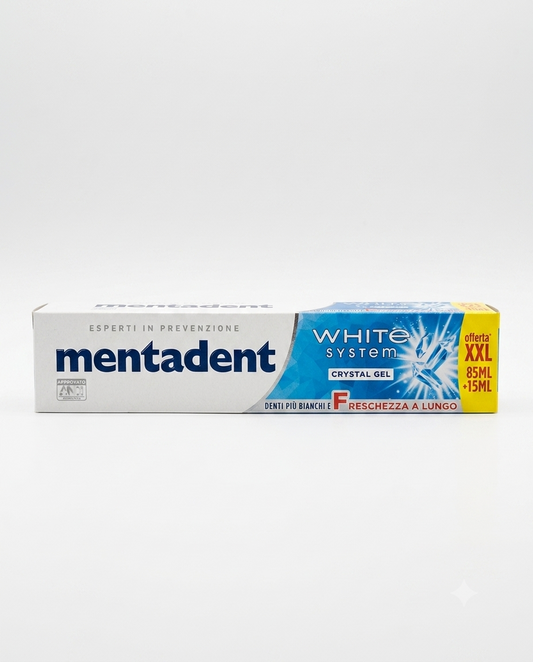Mentadent White System Crystal Gel dentifricio XXL 100 ml gel sbiancante con fluoro 1450 ppm e particelle lucidanti