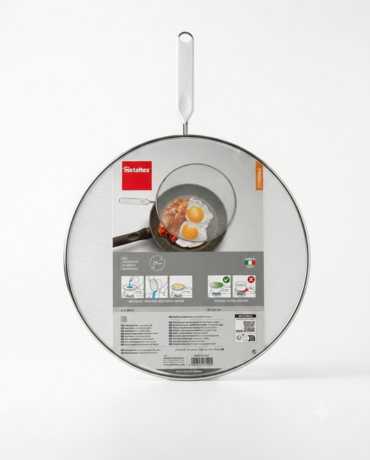 Paraschizzi Metaltex Ø29 cm in alluminio con manico, utensile multiuso da cucina per evitare schizzi durante la cottura, ideale per aggiungere liquidi, cottura a vapore e scolatura.