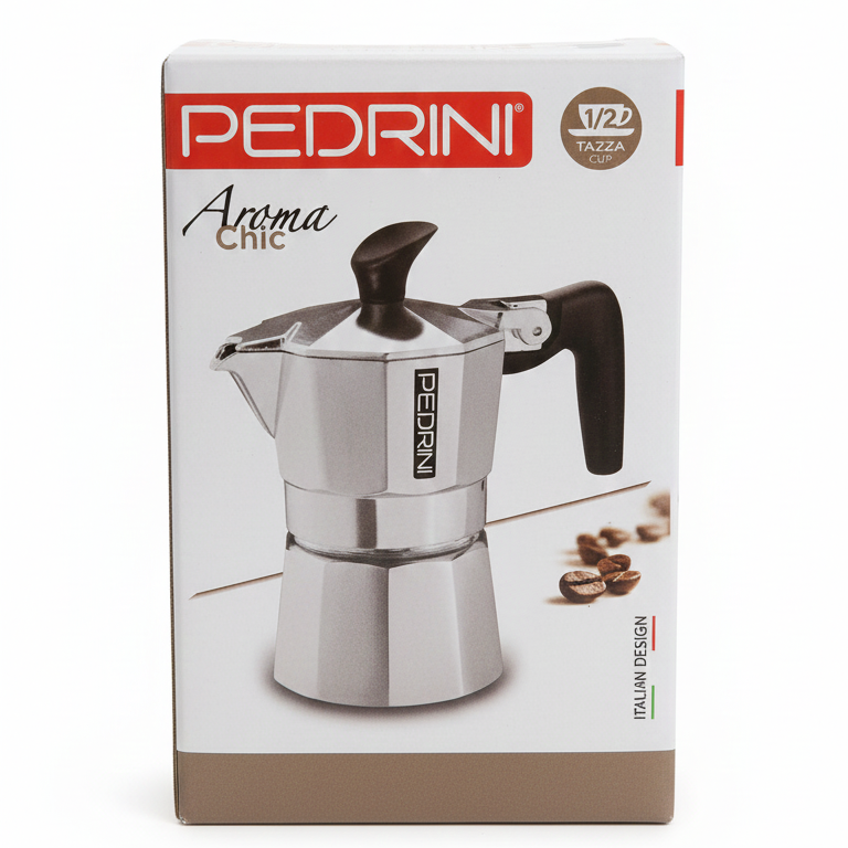 Pedrini Aroma Chic Caffettiera Moka in Alluminio – Disponibile in Mezza Tazza, 1 Tazza e 2 Tazze – Guarnizione in Silicone e Design Italiano