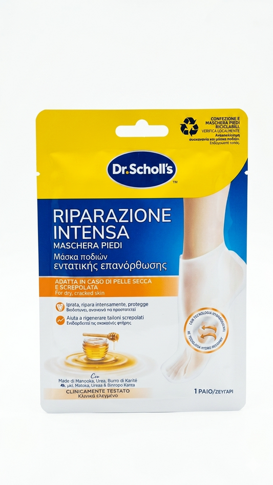 Scholl Expert Care PediMask Riparazione Intensa al Miele di Manuka e Burro di Karité 1 paio, maschera piedi rigenerante con tecnologia Hydro'Restor™, aiuta a riparare la pelle secca e screpolata, offrendo idratazione intensa fino a 24 ore e piedi morbidi e levigati.