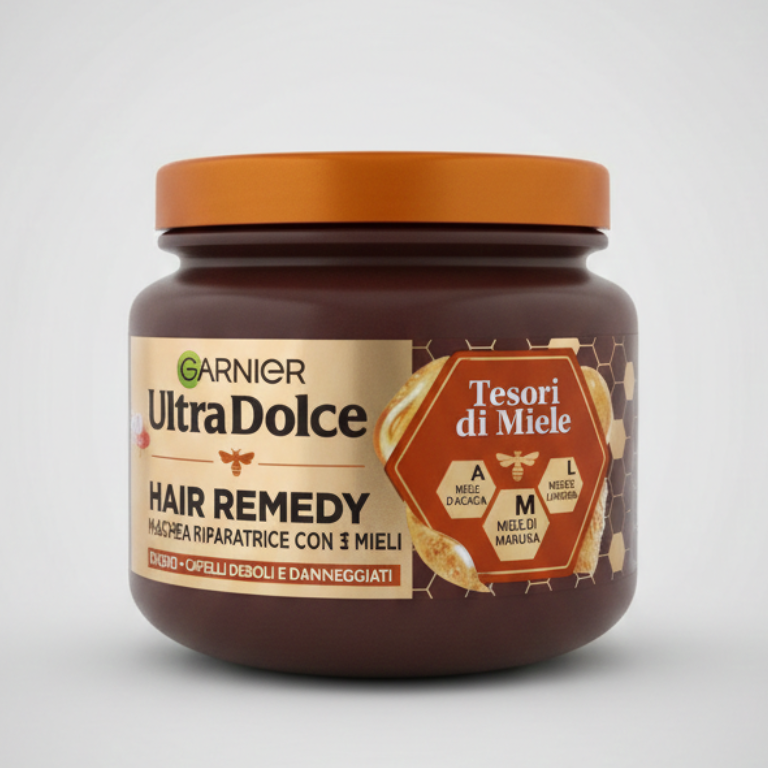 Garnier Ultra Dolce Maschera Riparatrice Tesori di Miele 340ml – Rimedio 1 Minuto con 3 Mieli per Capelli Danneggiati
