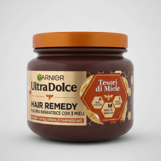 Garnier Ultra Dolce Maschera Riparatrice Tesori di Miele 340ml – Rimedio 1 Minuto con 3 Mieli per Capelli Danneggiati