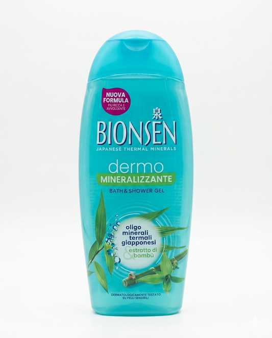 Bionsen Dermo Mineralizzante bagnoschiuma 550ml con estratto di bamboo e oligominerali giapponesi, detergente idratante e rinfrescante per pelle sensibile e secca.
