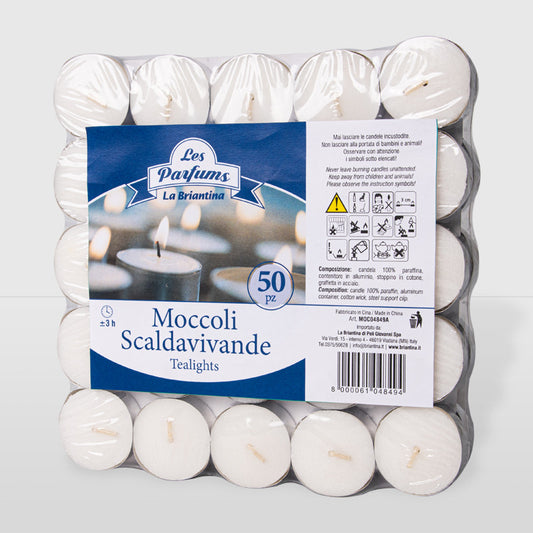 Briantina Moccoli SCALDAVIVANDE (Tealights) | Confezione 50 pz | Durata $\approx 3$ Ore | Candele Senza Profumo in Alluminio | Linea Les Parfums