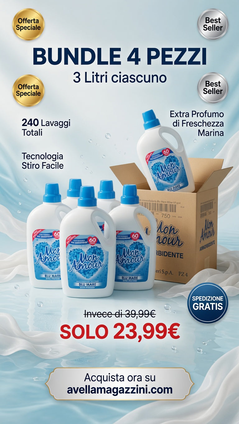 Mon Amour Ammorbidente Concentrato Blu Mare BUNDLE MEGA OFFERTA 4X 3 Litri | 60 Lavaggi | Tecnologia Stiro Facile | Extra Profumo di Freschezza Marina | Formato Maxi Convenienza