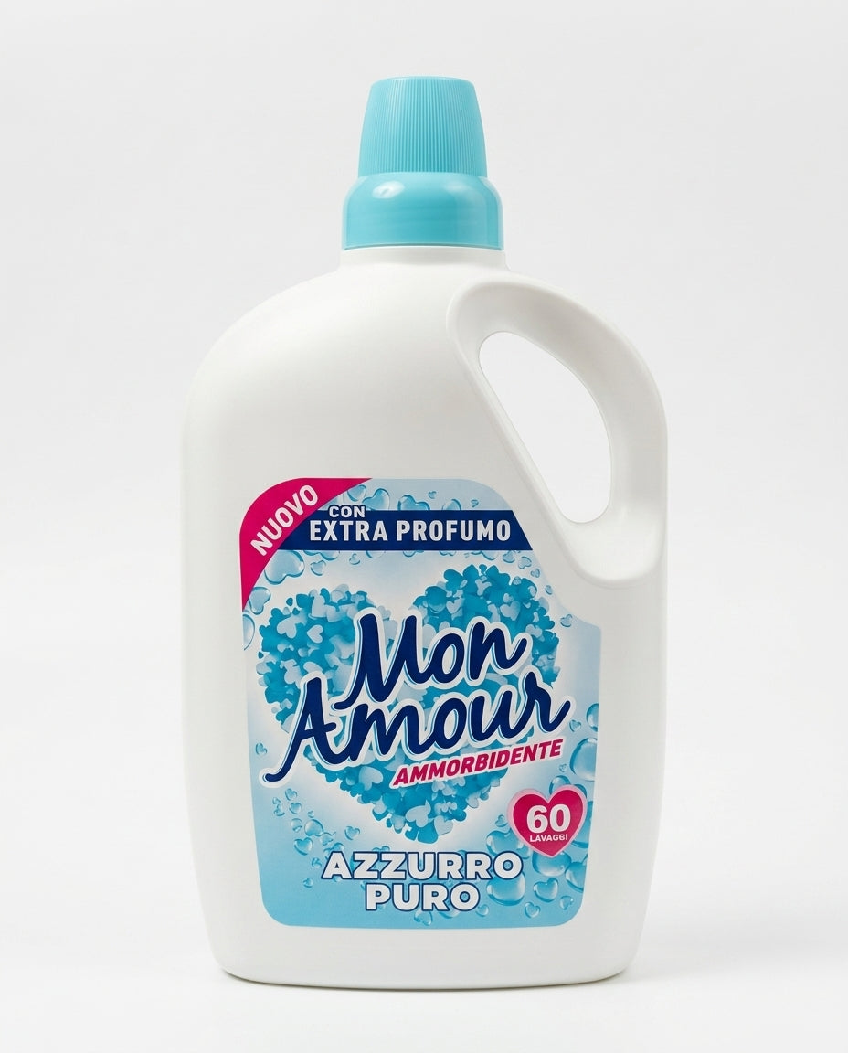 Mon Amour Ammorbidente Azzurro Puro 3 L, 60 lavaggi, con extra profumo e fragranza a lunga durata per un bucato morbido e profumato.