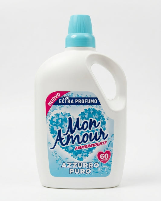 Mon Amour Ammorbidente Azzurro Puro 3 L, 60 lavaggi, con extra profumo e fragranza a lunga durata per un bucato morbido e profumato.