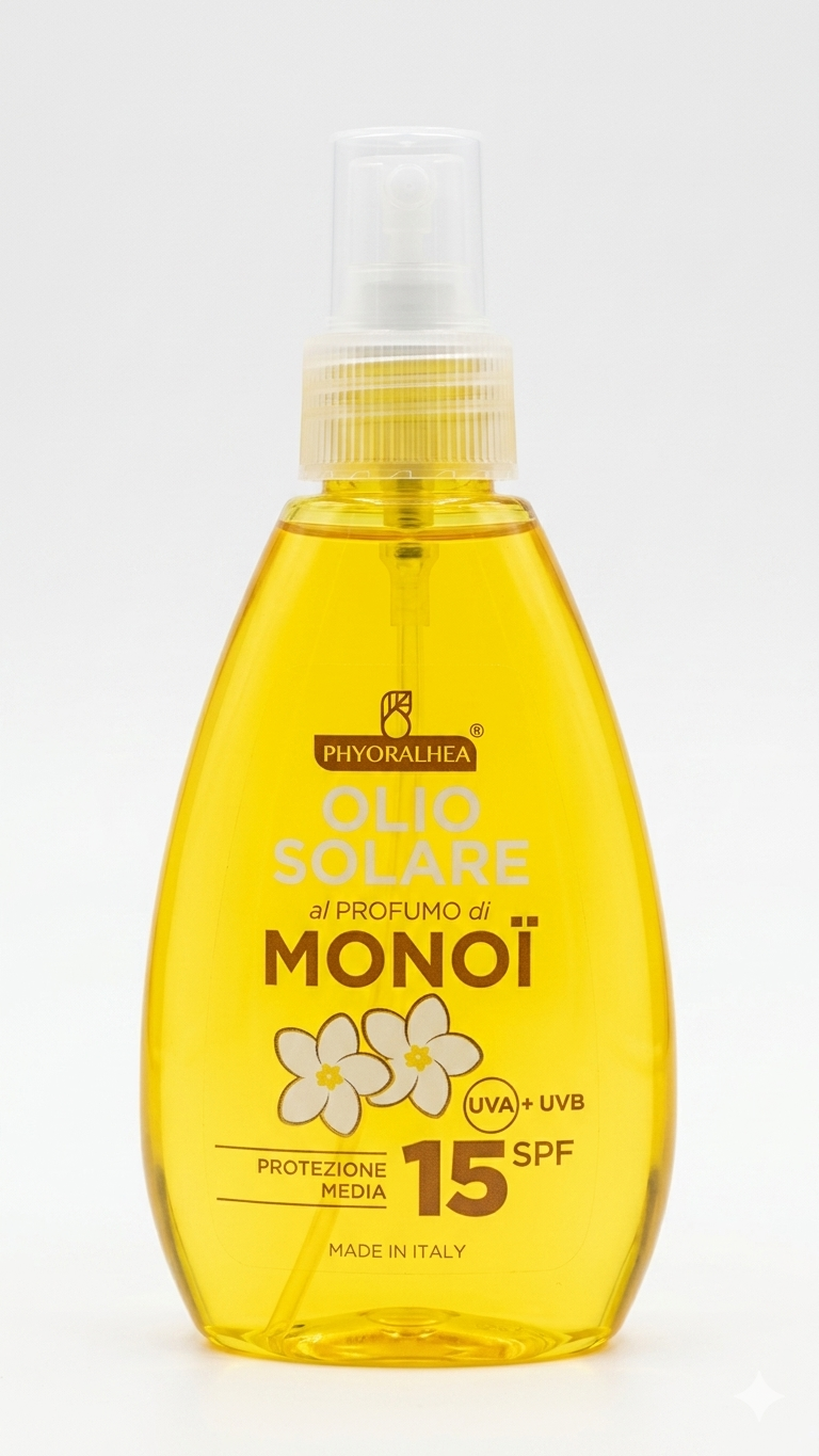 PhyorAlhea® Olio Solare SPF 15 al Profumo di Monoi 150ml | Protezione Media UVA/UVB | Olio Spray Idratante per un'Abbronzatura Dorata | Made in Italy