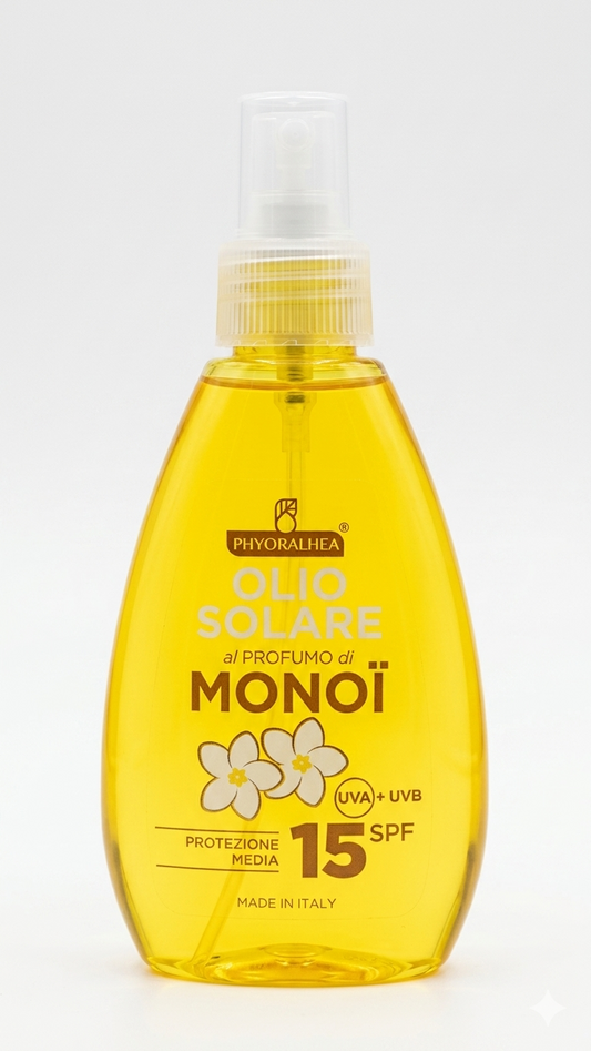 PhyorAlhea® Olio Solare SPF 15 al Profumo di Monoi 150ml | Protezione Media UVA/UVB | Olio Spray Idratante per un'Abbronzatura Dorata | Made in Italy