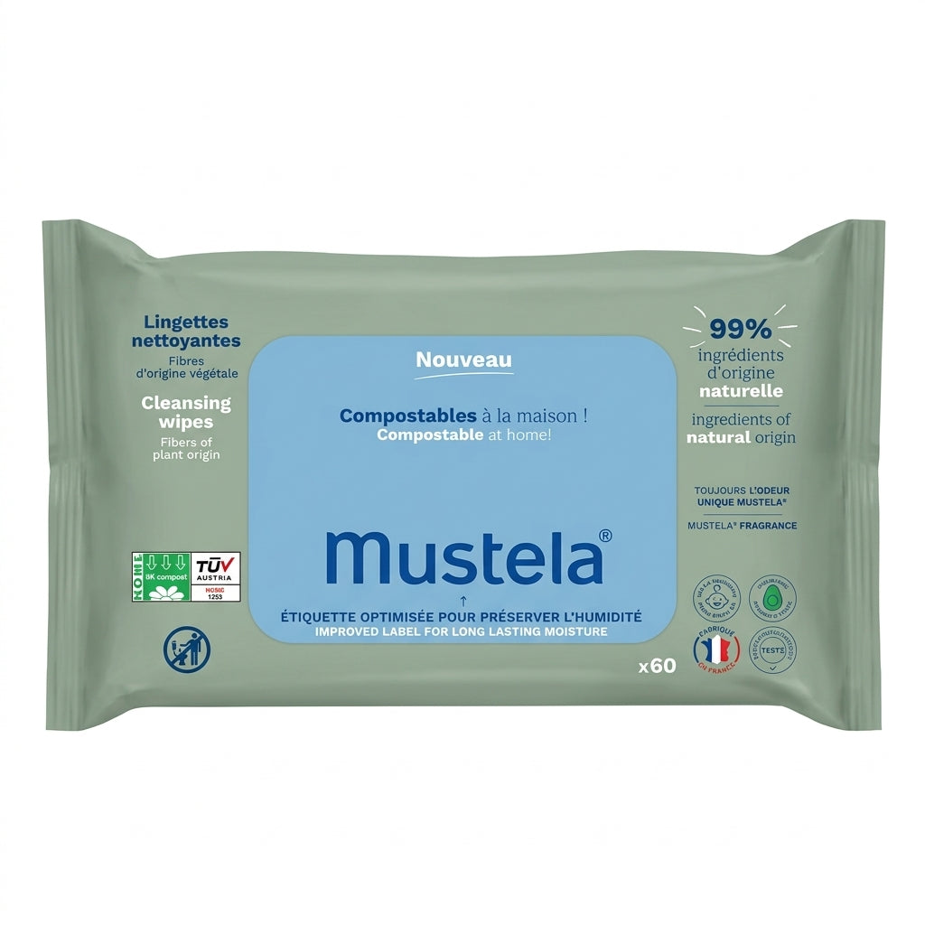 Mustela Salviette Detergenti Compostabili Avocado Bio 60 Pezzi – Detersione Delicata Pelli Sensibili OK Compost Home
