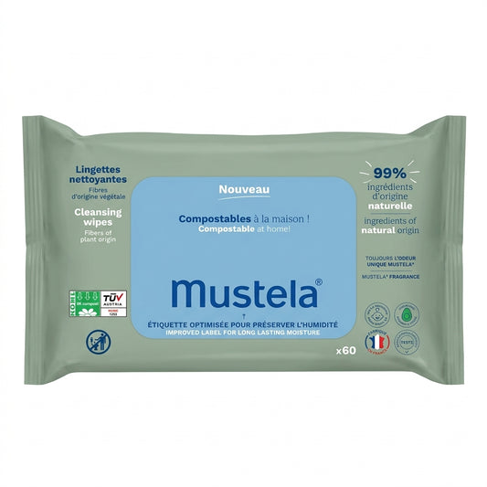 Mustela Salviette Detergenti Compostabili Avocado Bio 60 Pezzi – Detersione Delicata Pelli Sensibili OK Compost Home