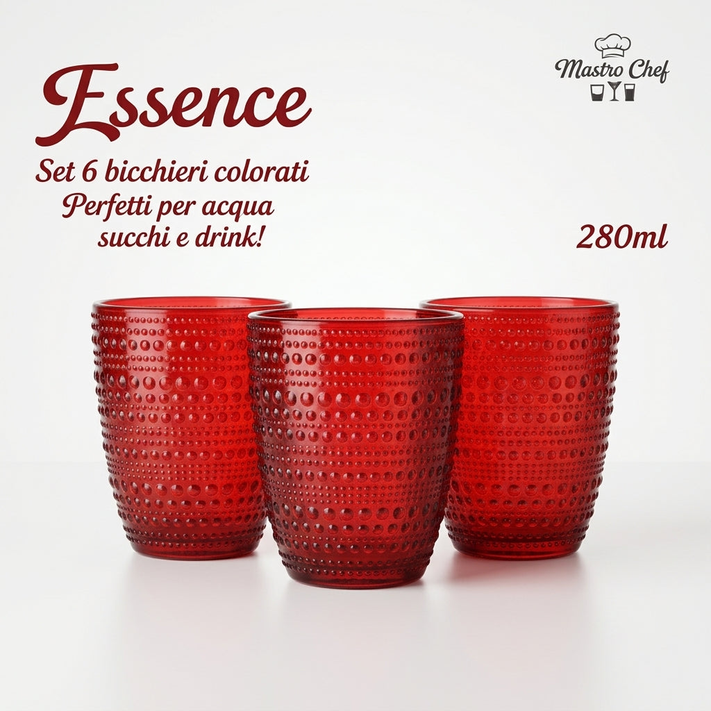 Maison Tortorà Set 6 Bicchieri in Vetro Colorati Rosso Essence 280 ml per Acqua Succhi e Drink – Design Rilievo Beaded Glass Luxury