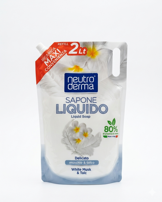 Neutroderma Sapone Liquido Muschio e Talco 2L, ricarica eco-pouch delicata per mani e viso a pH fisiologico