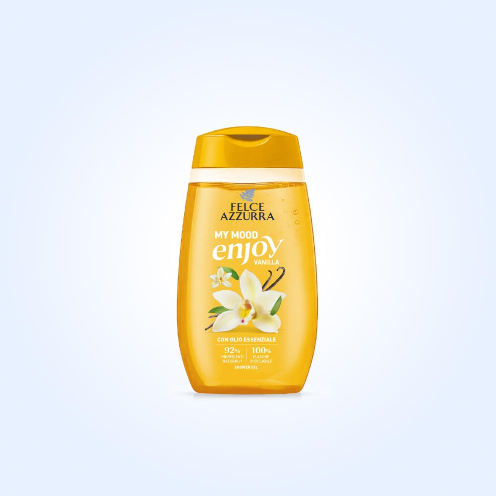 Felce Azzurra Doccia My Mood Enjoy Vanilla 250 ml, bagnodoccia profumato con note di vaniglia, latte e miele, deterge delicatamente la pelle lasciandola morbida, avvolta da una fragranza dolce e rilassante.