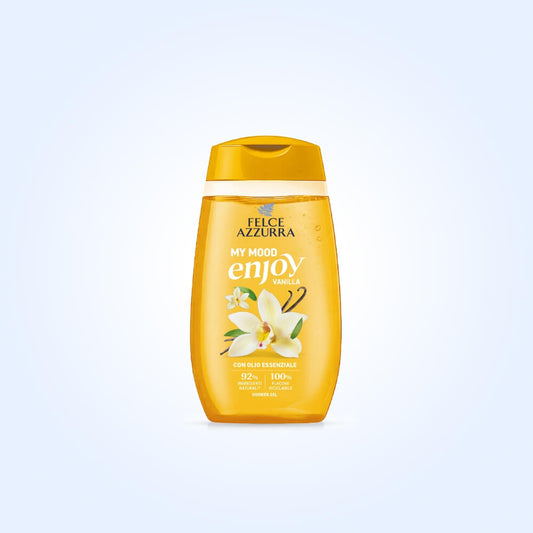 Felce Azzurra Doccia My Mood Enjoy Vanilla 250 ml, bagnodoccia profumato con note di vaniglia, latte e miele, deterge delicatamente la pelle lasciandola morbida, avvolta da una fragranza dolce e rilassante.