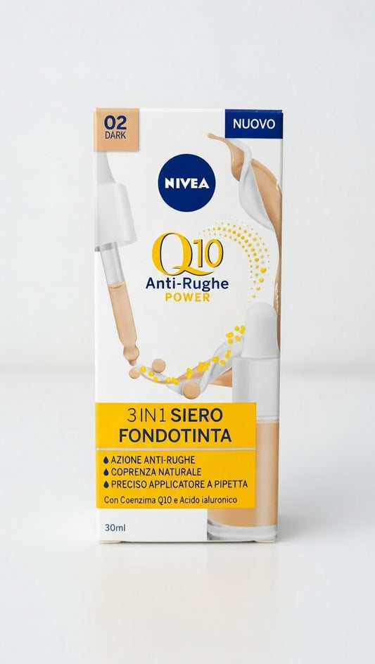 Nivea Q10 Anti-Rughe Power Siero Fondotinta 3in1 02 Dark – Trattamento Anti-Età con Coenzima Q10, Acido Ialuronico e Squalane – Idratazione 12H