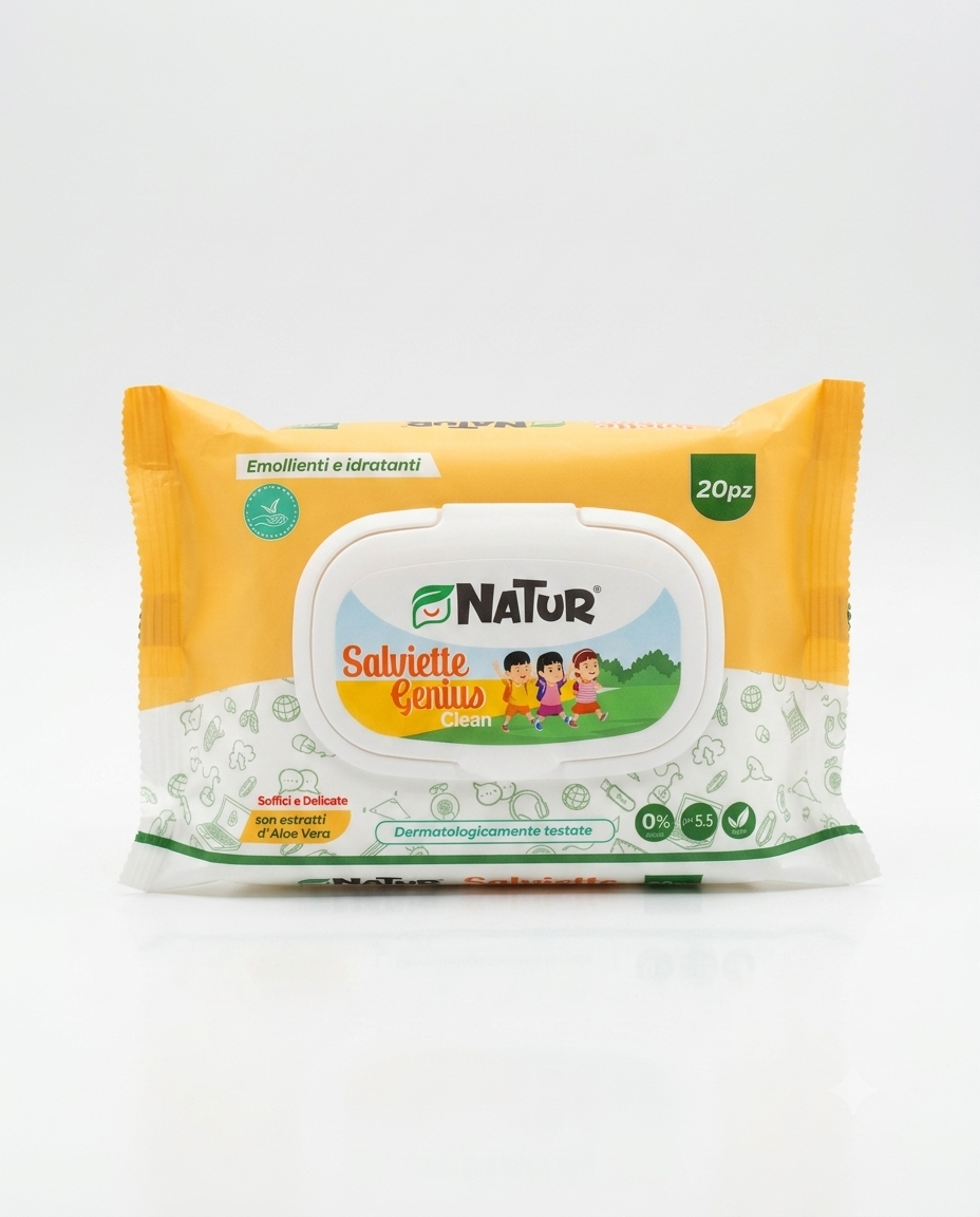 Natur Salviette Genius Clean 20 Pezzi – Salviettine Umidificate Emollienti e Idratanti all'Aloe Vera per Igiene Quotidiana