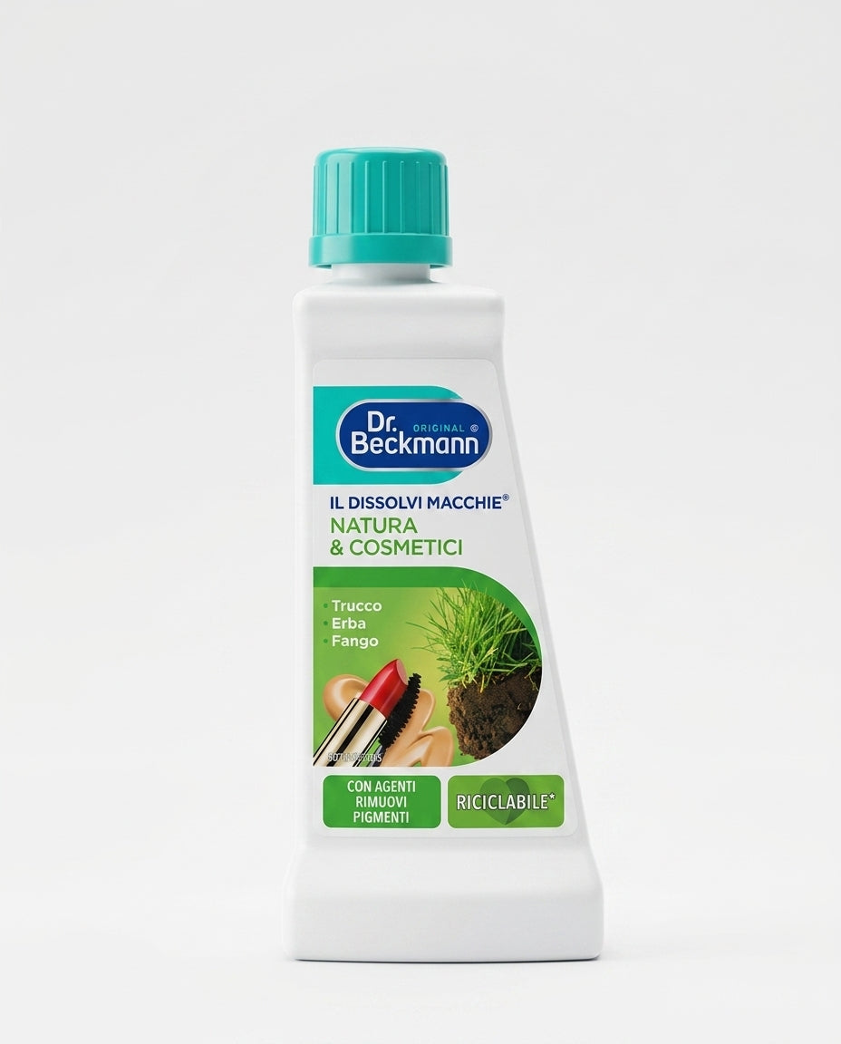 Dr. Beckmann Dissolvi Macchie Natura & Cosmetici 50 ml, smacchiatore delicato sulle fibre per rimuovere macchie di erba, make-up, rossetto, polline e terra da tessuti lavabili e non lavabili.