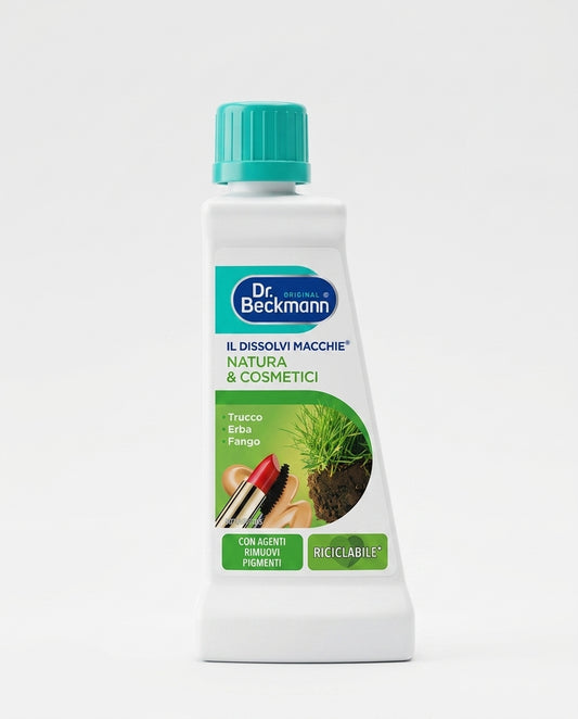 Dr. Beckmann Dissolvi Macchie Natura & Cosmetici 50 ml, smacchiatore delicato sulle fibre per rimuovere macchie di erba, make-up, rossetto, polline e terra da tessuti lavabili e non lavabili.