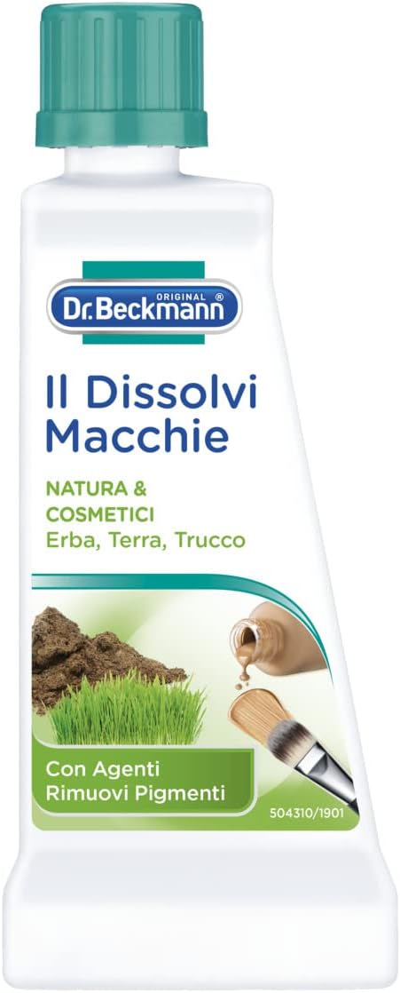 Dr. Beckmann Dissolvi Macchie Natura & Cosmetici 50 ml, smacchiatore delicato sulle fibre per rimuovere macchie di erba, make-up, rossetto, polline e terra da tessuti lavabili e non lavabili.