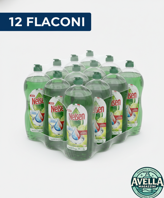 Nelsen Detersivo Piatti Limone box 12 flaconi da 850 ml, extra sgrassante, efficace anche in acqua fredda.