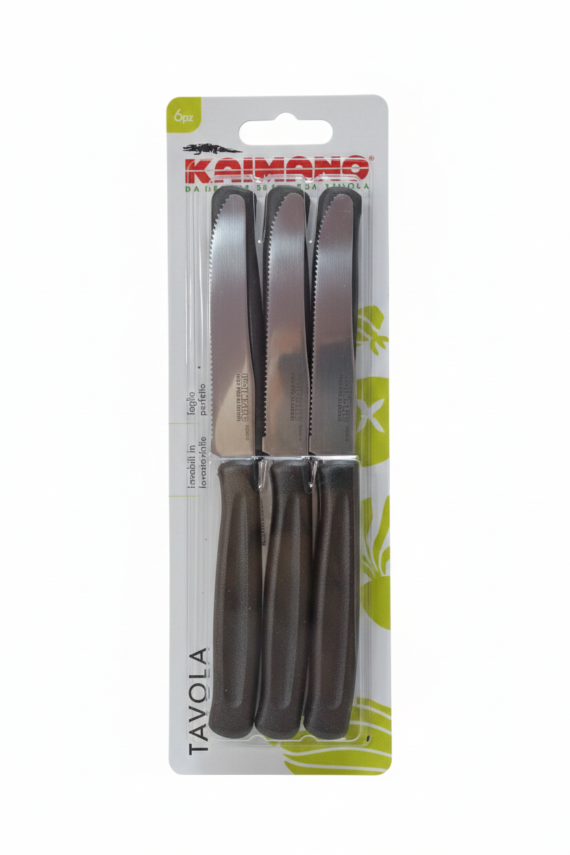 Kaimano Dinamik Set 6 Coltelli da Bistecca | Lama Seghettata in Acciaio Inox | Manico Ergonomico Colorato Assortito | Lavabili in Lavastoviglie | Made in Italy