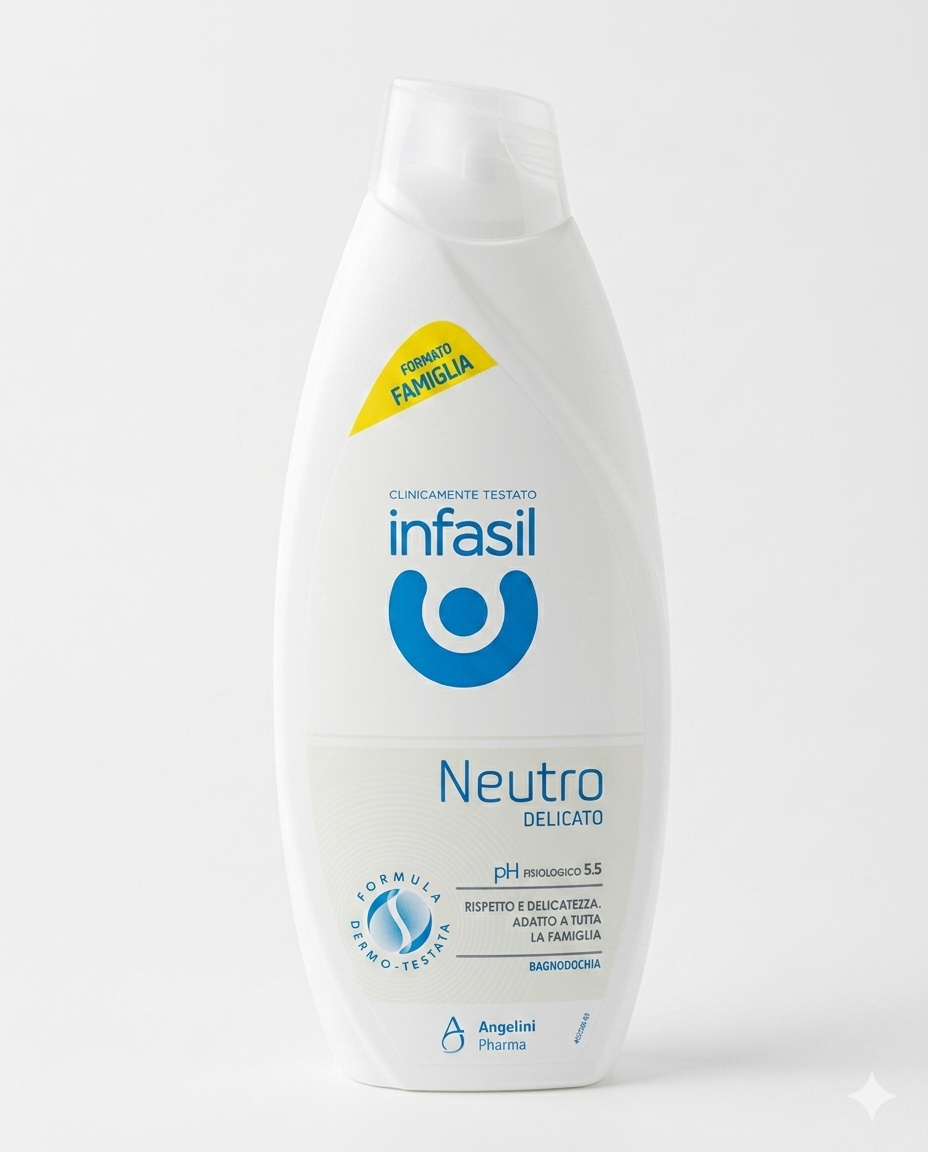 Infasil Neutro Delicato Bagnodoccia 500ml con formula dermo-testata a pH fisiologico 5.5, detergente delicato per pelle sensibile di adulti e bambini, idratazione quotidiana, protezione del film idrolipidico e alta tollerabilità cutanea per tutta la famiglia.