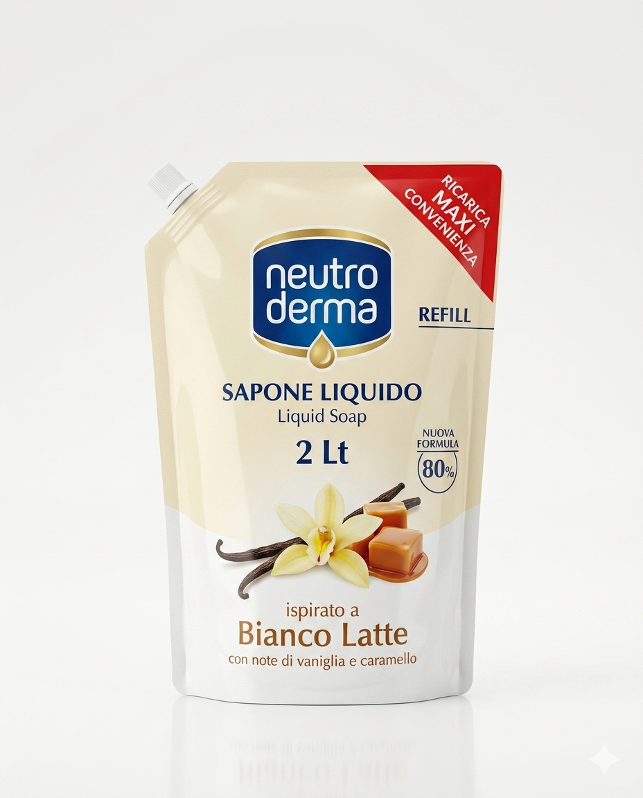 Neutroderma Sapone Liquido Biancolatte 2L, ricarica eco-pouch idratante per mani e corpo senza microplastiche