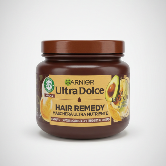 Garnier Hair Remedy Maschera Ultra Nutriente 340 ml, con olio di avocado e burro di karité, trattamento intensivo per capelli molto secchi e crespi che aiuta a nutrire profondamente la fibra capillare, ridurre il crespo e lasciare i capelli morbidi, disciplinati e luminosi.
