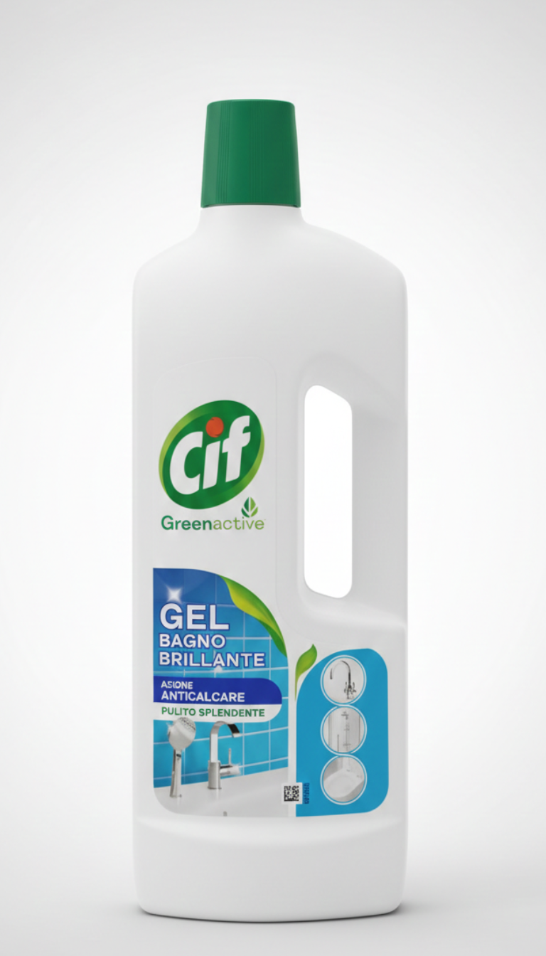 Cif Greenactive Gel Bagno Brillante 750ml detergente anticalcare con attivi di origine naturale, ideale per sanitari, rubinetteria, docce e piastrelle, rimuove sporco e residui di sapone lasciando superfici brillanti e senza aloni.