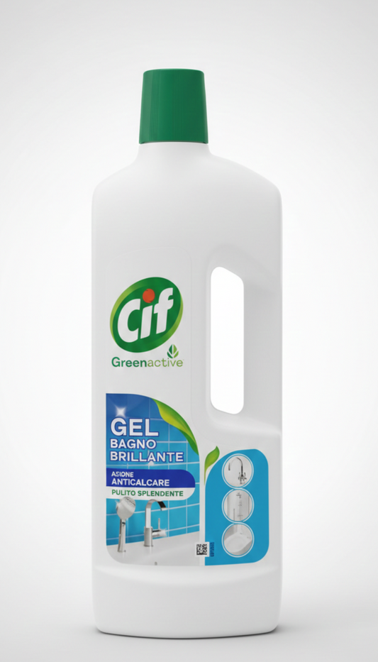 Cif Greenactive Gel Bagno Brillante 750ml detergente anticalcare con attivi di origine naturale, ideale per sanitari, rubinetteria, docce e piastrelle, rimuove sporco e residui di sapone lasciando superfici brillanti e senza aloni.