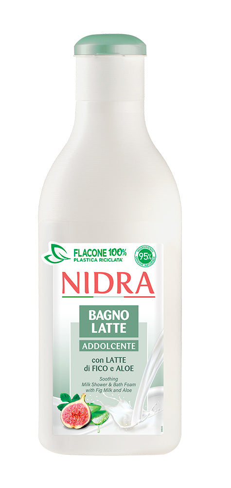 NIDRA Bagnolatte Addolcente 750ml con Latte di Fico, Aloe Vera e Proteine del Latte 100% naturali, bagnodoccia delicato formulato con oltre il 95% di ingredienti di origine naturale, ideale per tutta la famiglia e per la pelle dei bambini, pH neutro, dermatologicamente testato, deterge dolcemente lasciando la pelle morbida, idratata e vellutata.