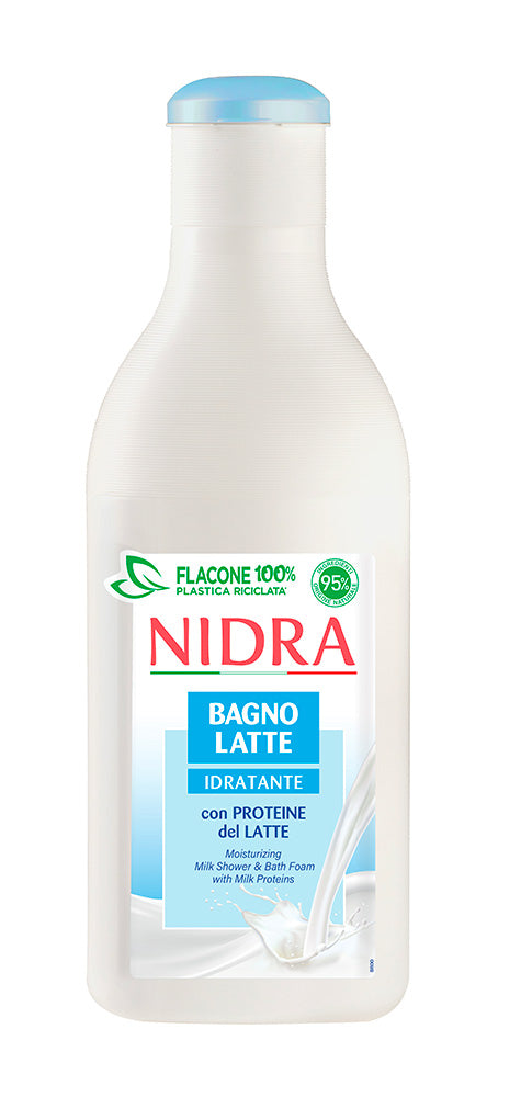 NIDRA Bagnolatte Idratante 750ml con Proteine del Latte 100% naturali e latte idratante, bagnodoccia delicato formulato con oltre il 95% di ingredienti di origine naturale, ideale per tutta la famiglia e per la pelle dei bambini, pH neutro, dermatologicamente testato, deterge e idrata rispettando l’equilibrio naturale della pelle.
