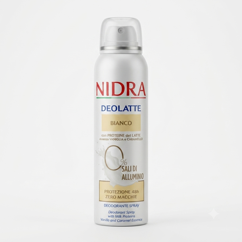 Nidra Deolatte spray deodorante 150 ml 48h 0% alluminio proteine del latte pelle fresca e senza macchie.