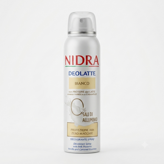 Nidra Deolatte spray deodorante 150 ml 48h 0% alluminio proteine del latte pelle fresca e senza macchie.