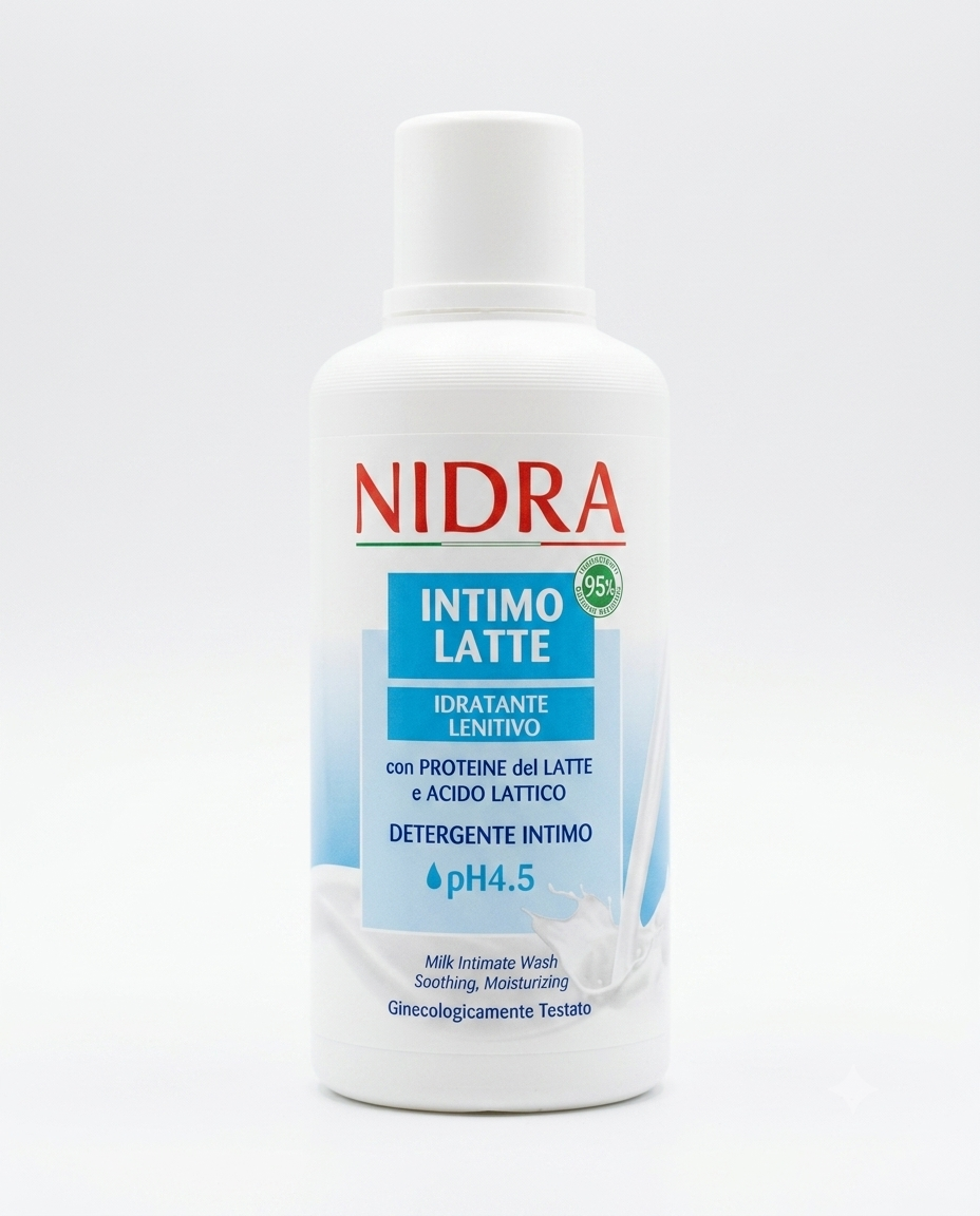 Nidra Intimolatte detergente intimo 500 ml pH 4.5 con proteine del latte e acido lattico, lenitivo e idratante.