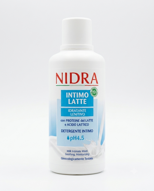 Nidra Intimolatte detergente intimo 500 ml pH 4.5 con proteine del latte e acido lattico, lenitivo e idratante.