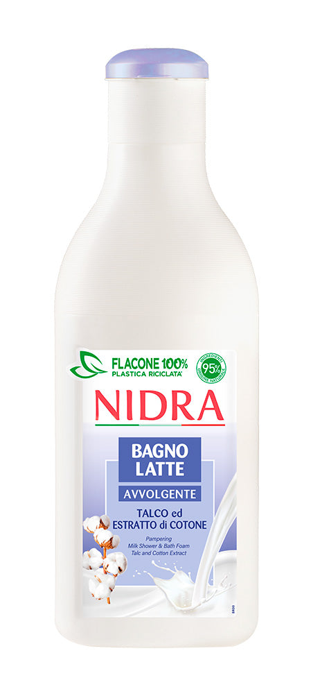 NIDRA Bagnolatte Avvolgente Talco e Cotone 750ml con Proteine del Latte 100% naturali ed Estratto di Cotone, bagnodoccia delicato formulato con oltre il 95% di ingredienti di origine naturale, ideale per tutta la famiglia e per la pelle dei bambini, pH neutro, dermatologicamente testato, deterge dolcemente lasciando la pelle morbida, vellutata e avvolta da una delicata fragranza di talco.