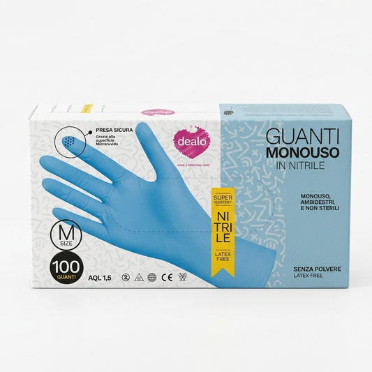 Dealo Guanti Monouso in Nitrile Blu XL 100 Pezzi Microruvidi Senza Polvere – Protezione DPI Cat III e Dispositivo Medico Cl. I
