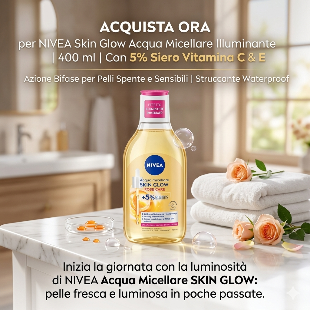 NIVEA Skin Glow Acqua Micellare Illuminante | 400 ml | Con 5% Siero Vitamina C & E – Azione Bifase per Pelli Spente e Sensibili | Struccante Waterproof