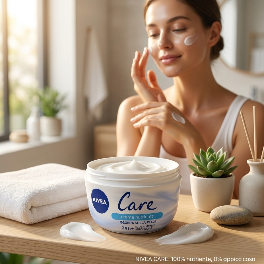 Nivea Care Crema Nutriente Leggera Viso Corpo Mani Idratazione Profonda 24h+ con Burro di Karité Assorbimento Immediato 200ml